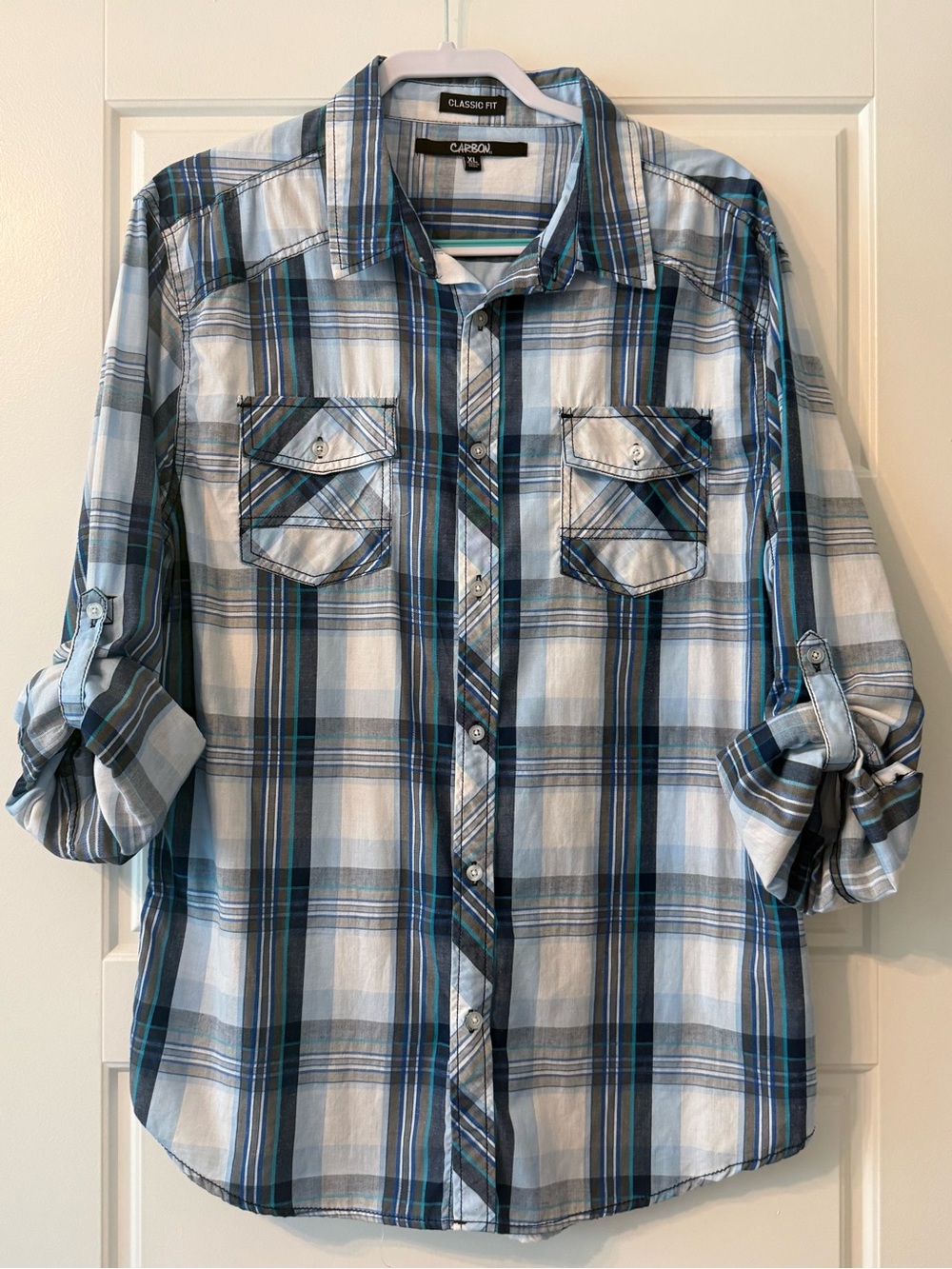 Men’s Carbon Classic Fit Plaid Button Front Long Sleeve Roll Tab Casual Shirt XL